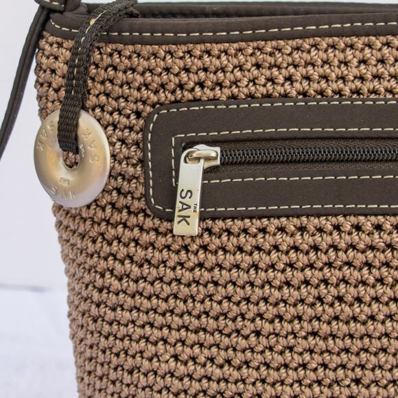 Small Purse Vintage THE SAK 100% Nylon Tan Crochet Brown Shoulder Bag Handbag - Picture 4 of 11